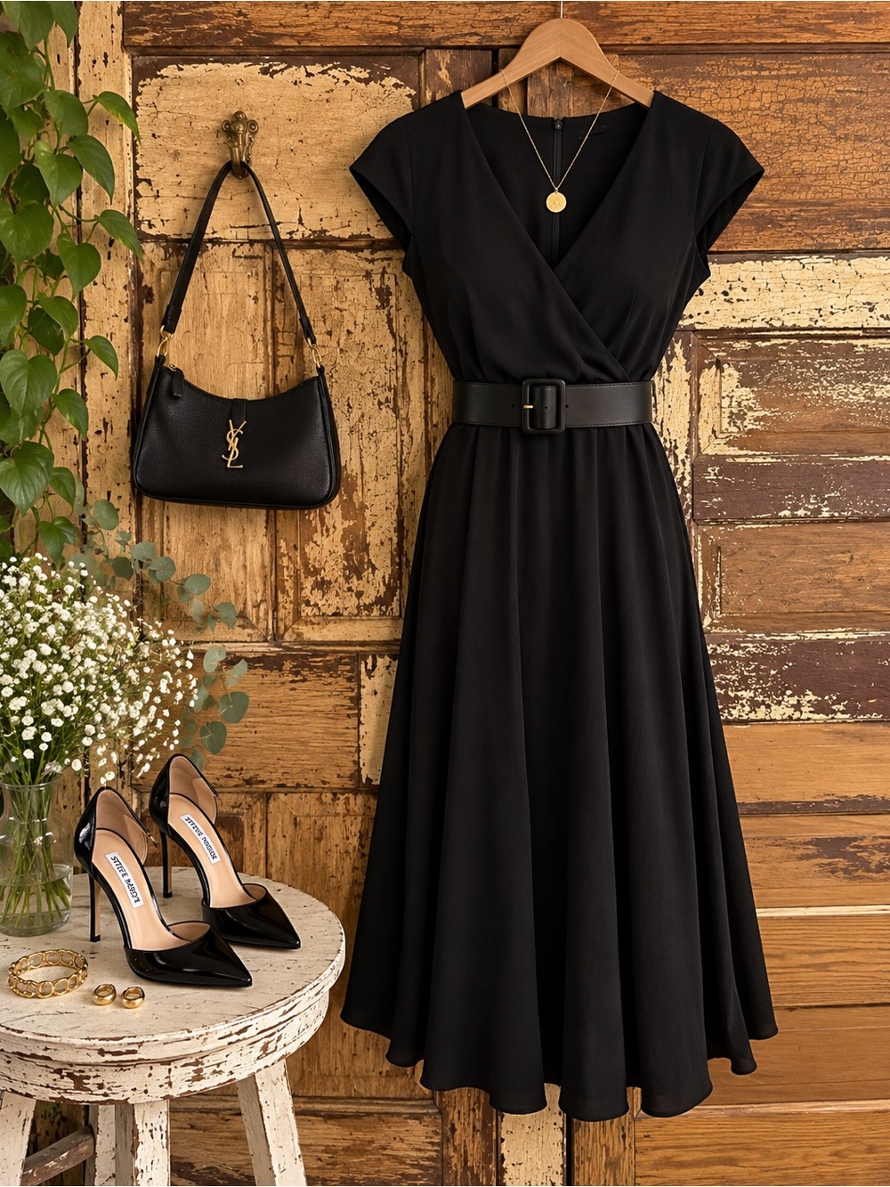 Liz Claiborne | NWT Black Fit & Flare Midi Dress | Belted V-Neck Cocktail Dress